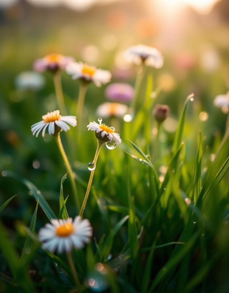 Morgendug på vilde blomster i haven
